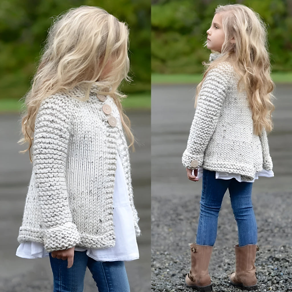 Beige girls cardigan sweater with long sleeves and single-breasted closure