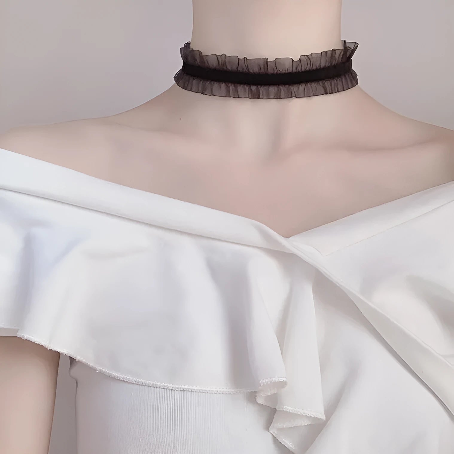 Black velvet ruffled clavicle necklace with flower pendant on snake bones chain