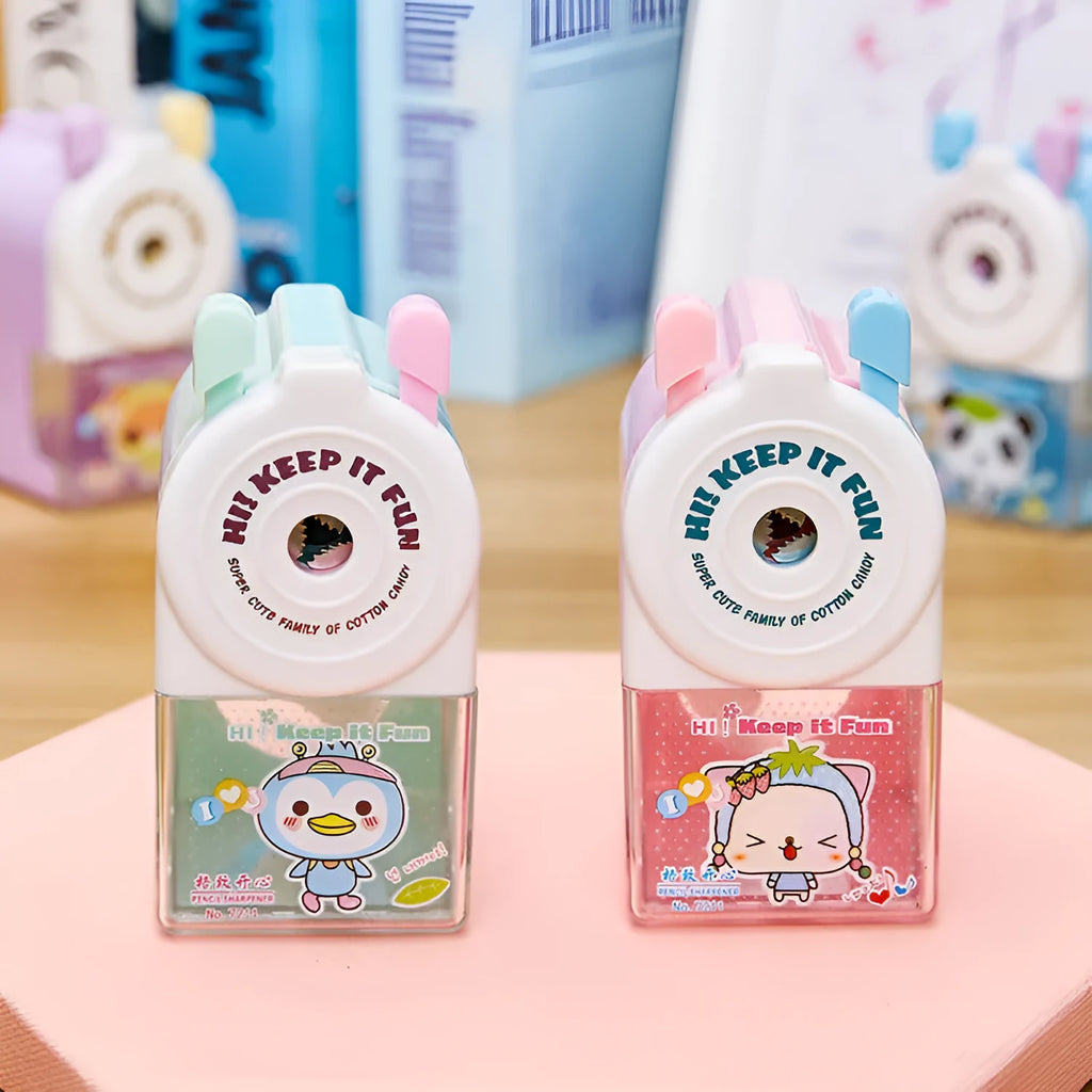 Cartoon animal pencil sharpener in blue, green, pink and purple colours showing 88x43x88mm dimensions