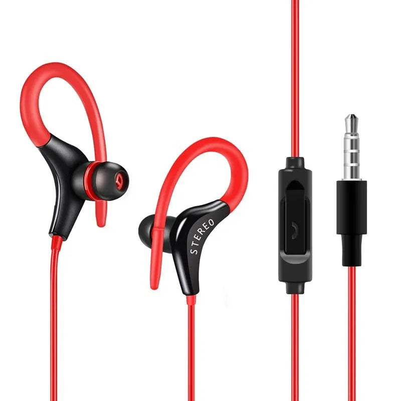 Wired earhook sport headphones with microphone in various colours including black, blue, red, rose red, and white
