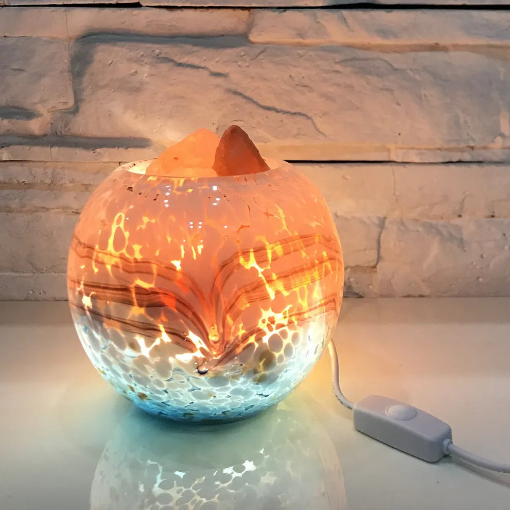 Hand-blown lead-free glass night light with USB cable, 13cm height, on a bedside table