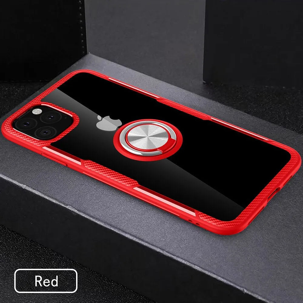 Black iPhone 11 Pro Max phone case with integrated car holder arm, showing port access and textured grip.
