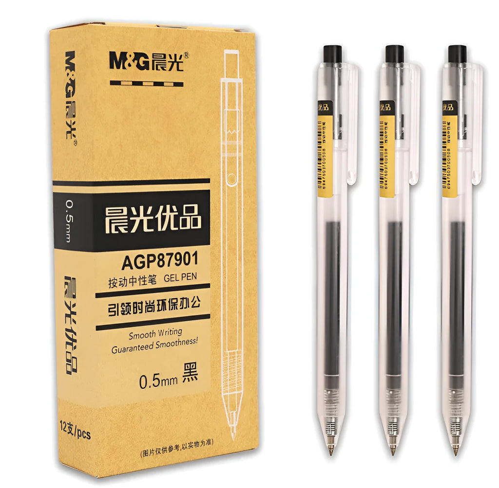 Set of 12 matte black retractable gel pens with 0.5mm tips and 2 refills