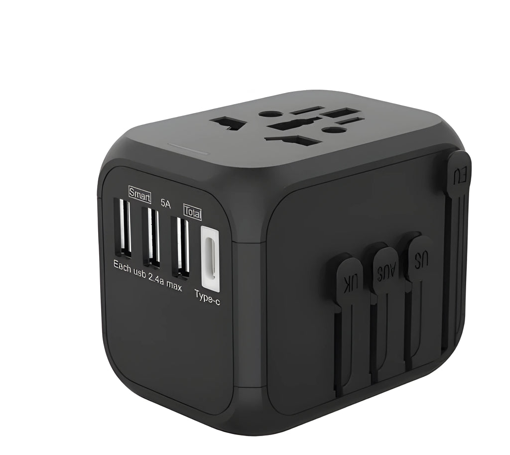 Black international travel adapter with six socket holes for UK plugs abroad