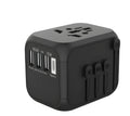Black international travel adapter with six socket holes for UK plugs abroad
