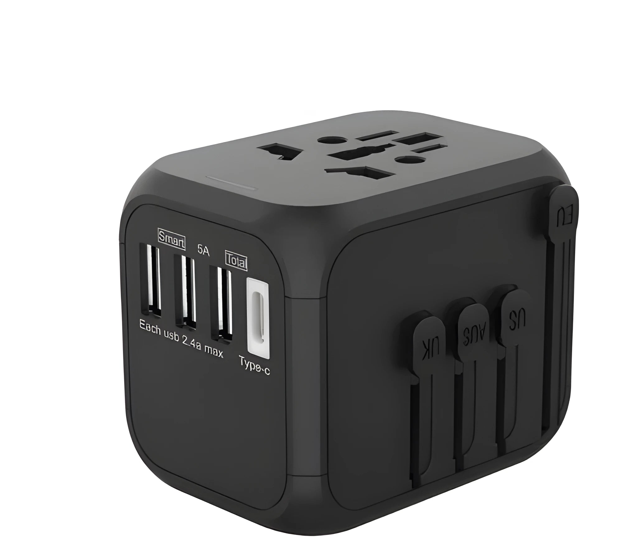 Black international travel adapter with six socket holes for UK plugs abroad