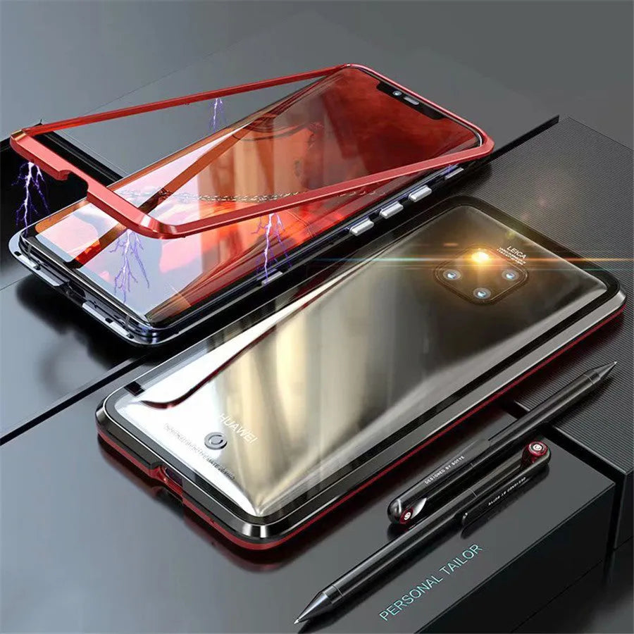 Black magnetic metal phone case with glass back for Huawei P30 Pro.