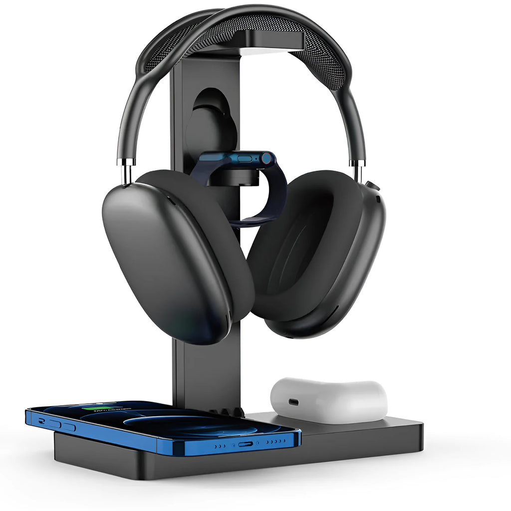 Black multi-function wireless charging station with USB ports for phones watches and headphones