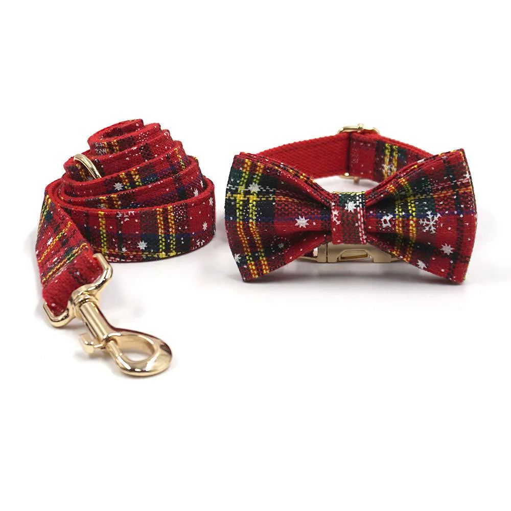 Red Christmas pet accessory set with collar, leash, bow, harness, and waste bag with laser cut decoration