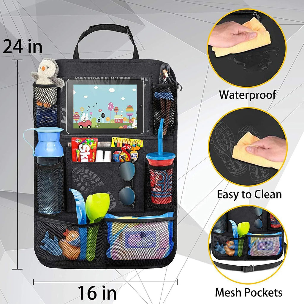 Car seat back storage pouch with 9 storage bags and transparent iPad pocket in black mounted on a car seat