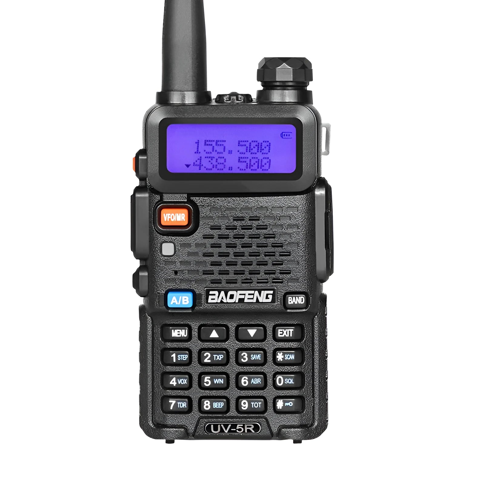 Black VHF UHF dual-band walkie talkie with 128 channels and LCD display showing 5-10 km communication range