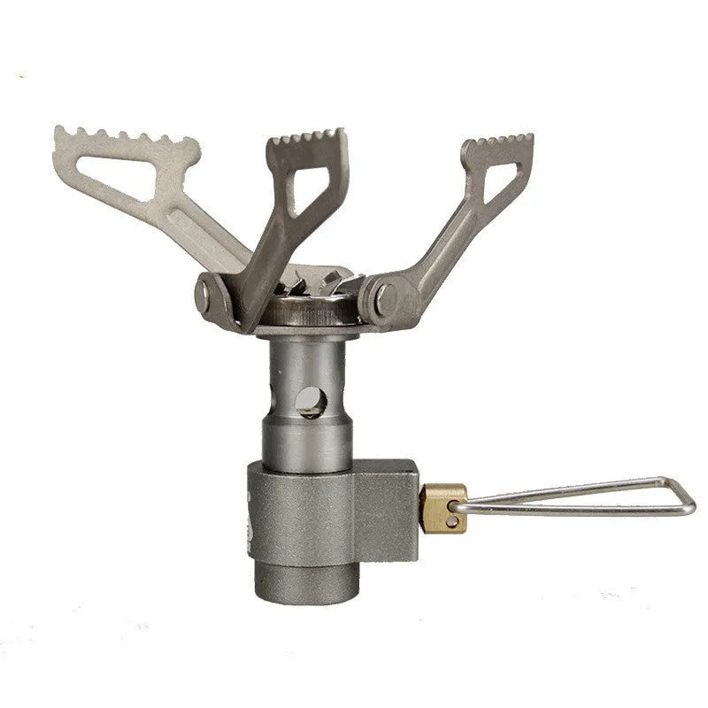Portable propane gas camping stove with a one-piece burner unit.