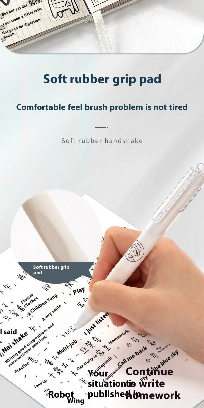 Five black ballpoint pens with white brush details and 0.5mm tips for exam writing