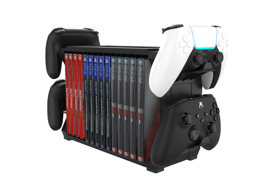 Black ABS plastic PS5 and Xbox Series X disc holder stand with slots for game cartridges and docks for four controllers.