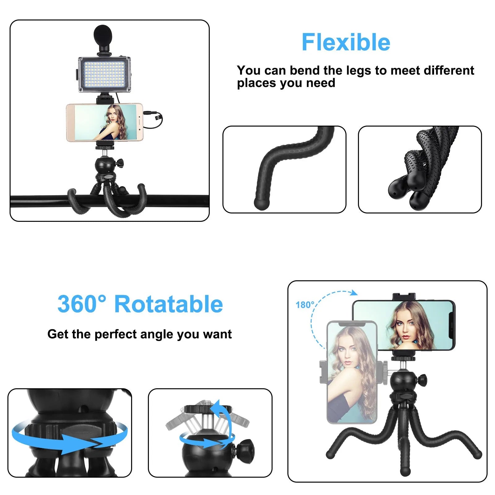 Black octopus tripod live broadcast kit with flexible legs, fill light, and microphone attached