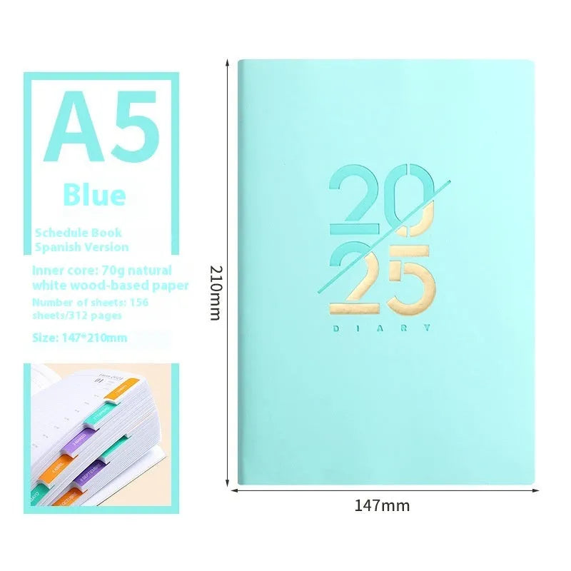 A5 faux leather daily schedule book open showing Dorian paper pages with binding detail