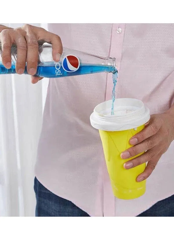 Blue quick refrigeration pinch cup with cylindrical shape and double-layer silicone construction on a table.