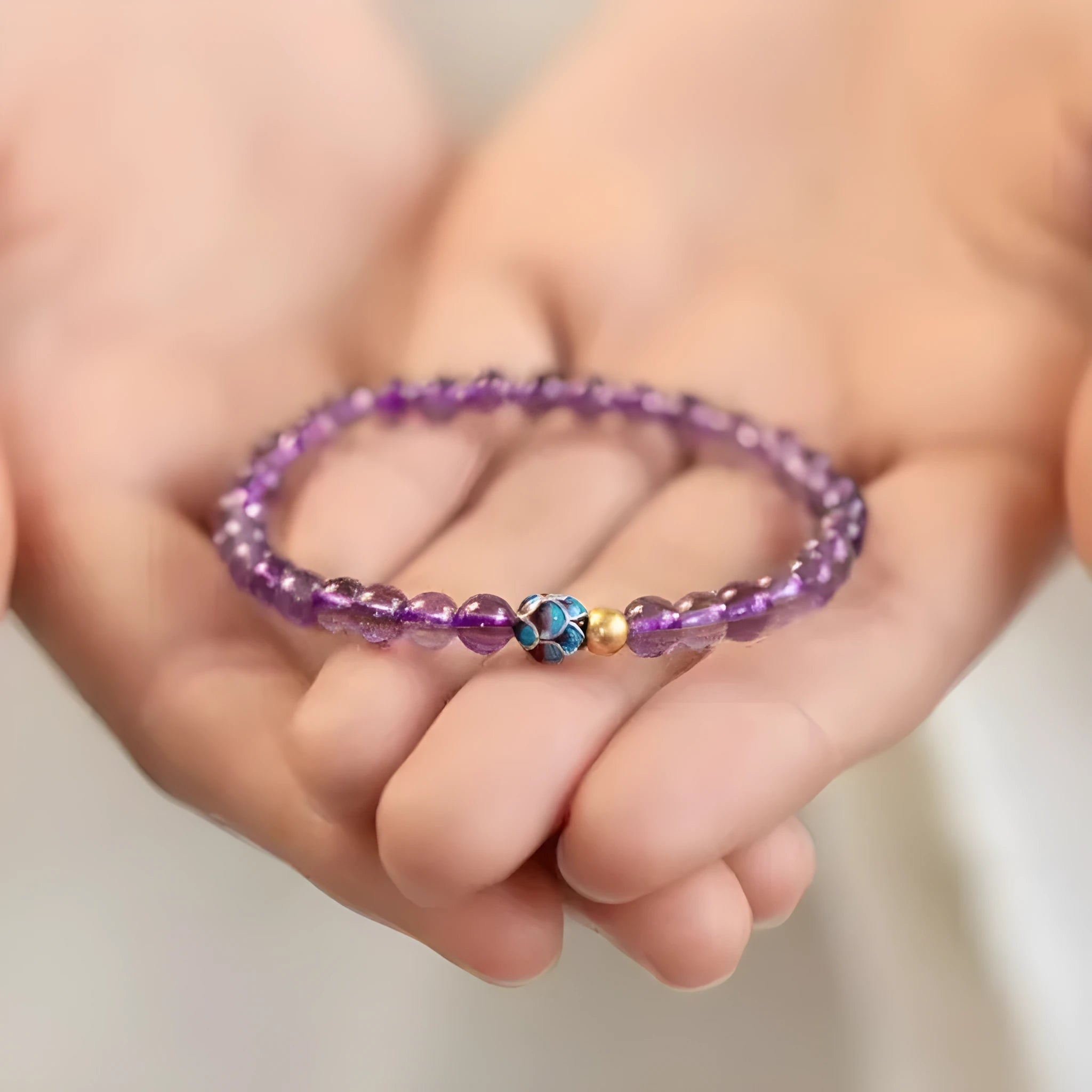 Nine purple lotus charm bracelet in Chinese student retro style with mixed materials