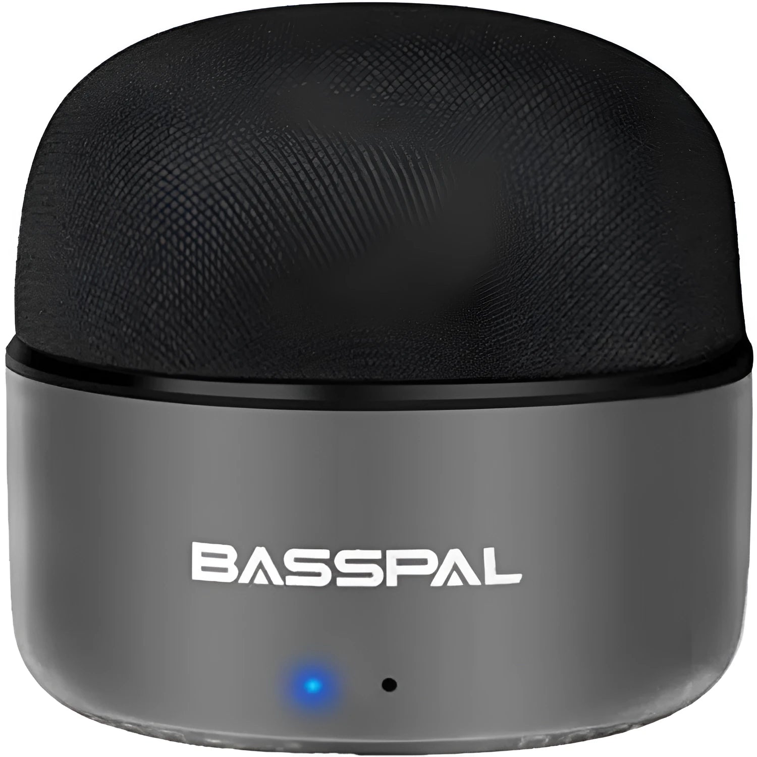 Black portable mini Bluetooth speaker with plastic shell and button controls.