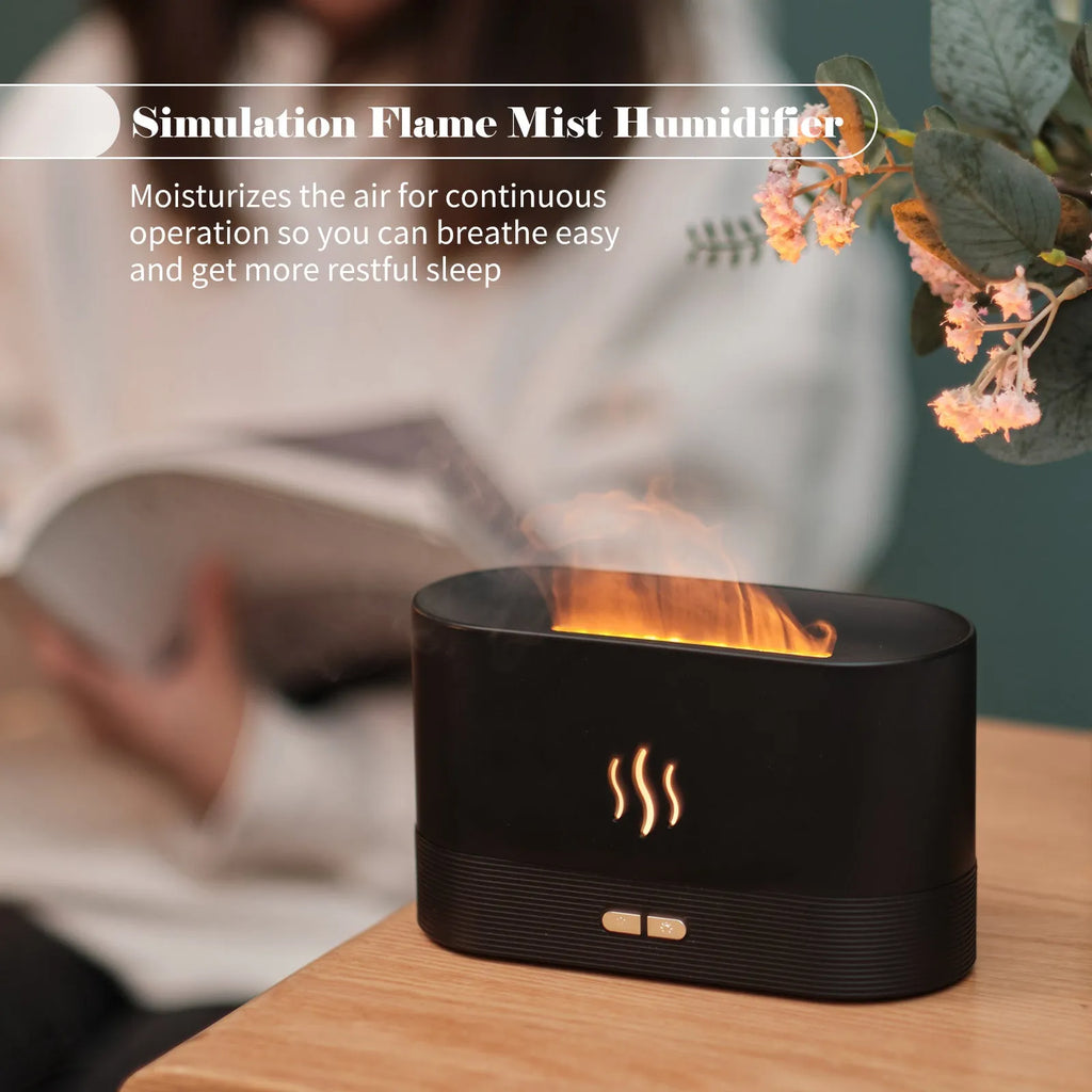 Square black ultrasonic aroma diffuser with flame LED effect and mist output