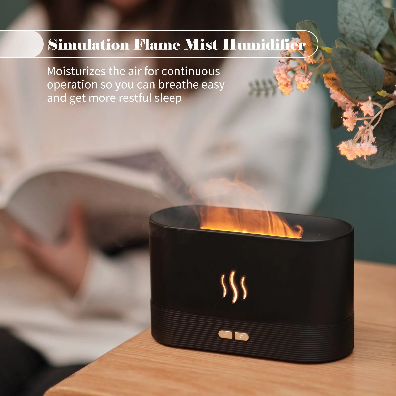 Square black ultrasonic aroma diffuser with flame LED effect and mist output