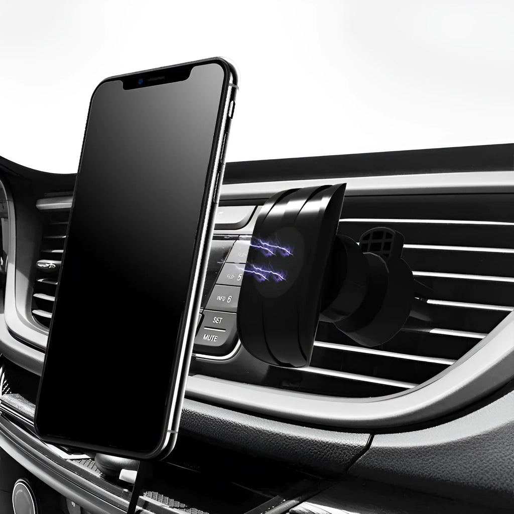 Black car phone holder attached to a car air vent, clamping a smartphone.