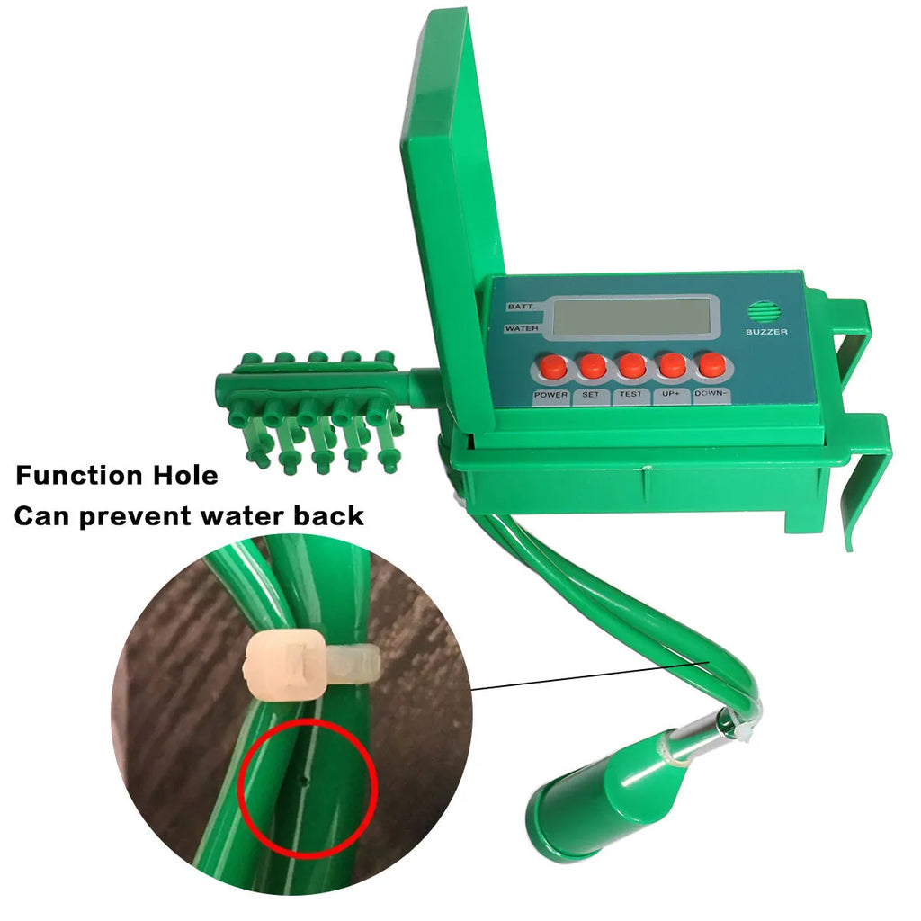 Green automatic micro drip irrigation watering kit with smart controller, 10m vinyl tube, and stainless steel spring pegs for indoor garden pots