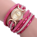 Women's casual rhinestone watch with round stainless steel case, leather band, and 25mm dial