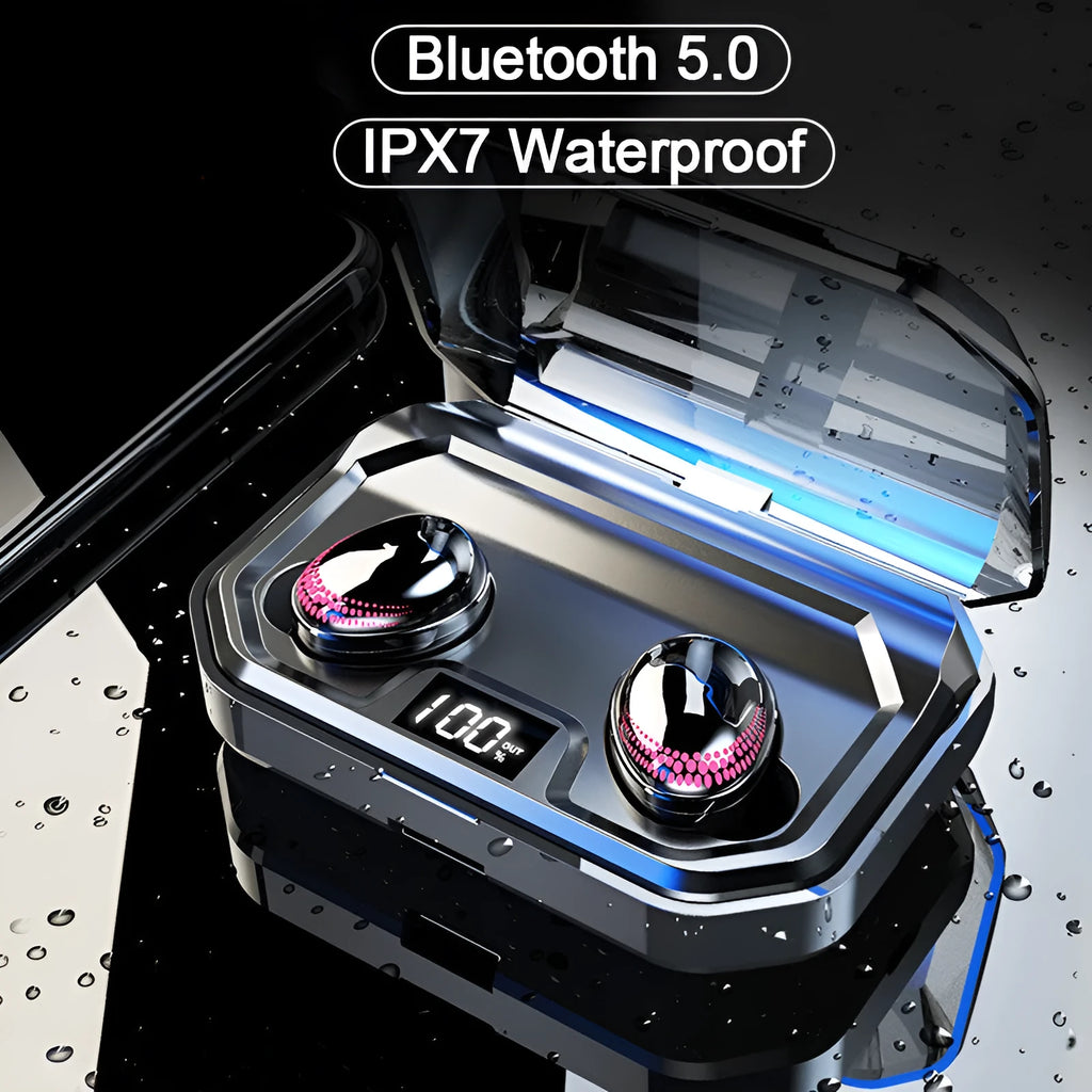 Black X10 wireless Bluetooth headset with charging case showing 150x100x40mm dimensions
