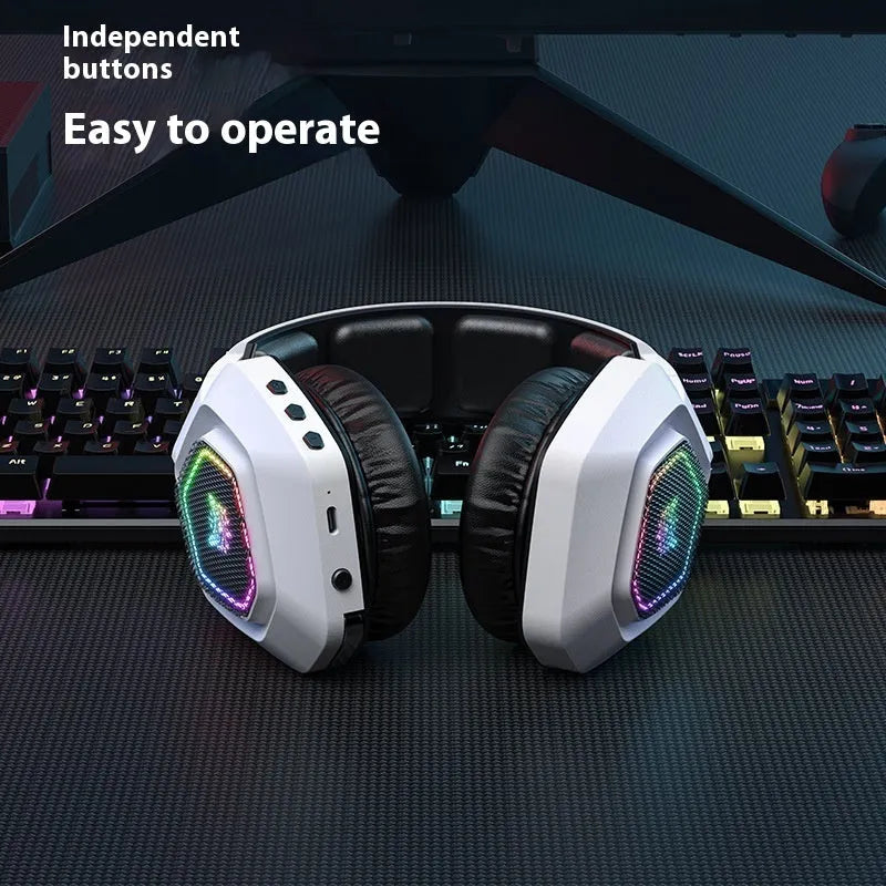Black wireless gaming headset with RGB lighting showing lightweight PC ABS construction