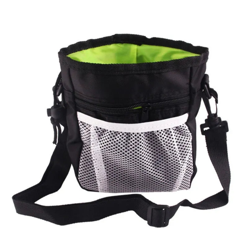 Drawstring dog treat pouch in Oxford cloth with belt buckle, 18x14x6cm, black colour