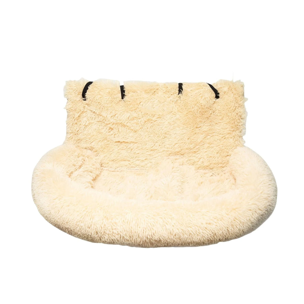 Beige thick cloth pet mat with raised sides on a car seat, showing its size and thermal design.
