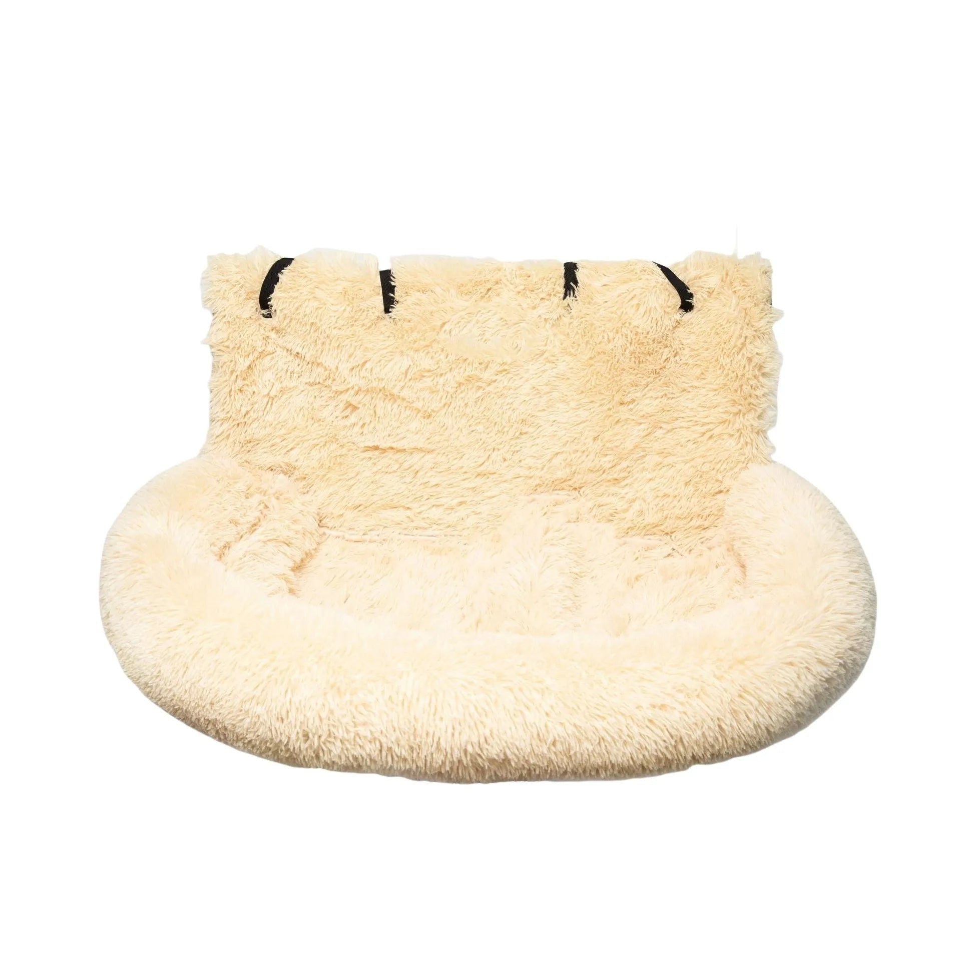 Beige thick cloth pet mat with raised sides on a car seat, showing its size and thermal design.