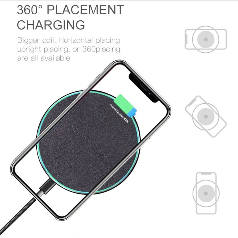 Black Qi wireless charging pad for iPhone 11 with non-slip surface and 10W fast charging