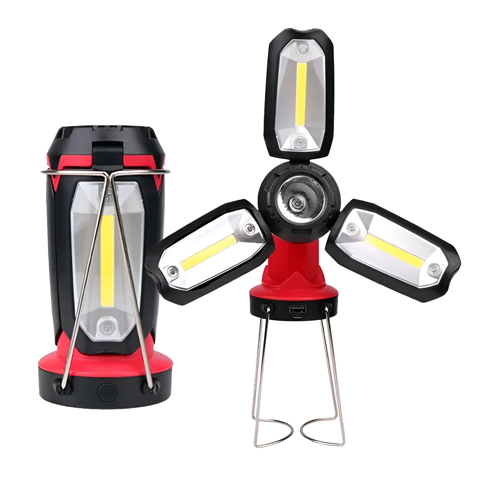 Red LED camping light with 8 lighting modes and built-in 18650 battery, shown in table lamp position