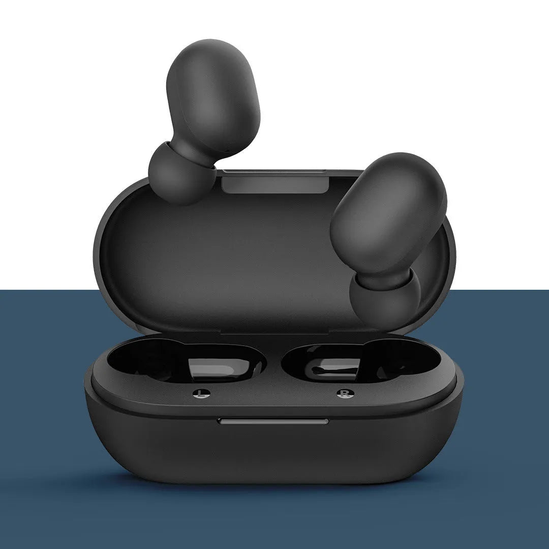 Black true wireless Bluetooth stereo earbuds with bilateral design