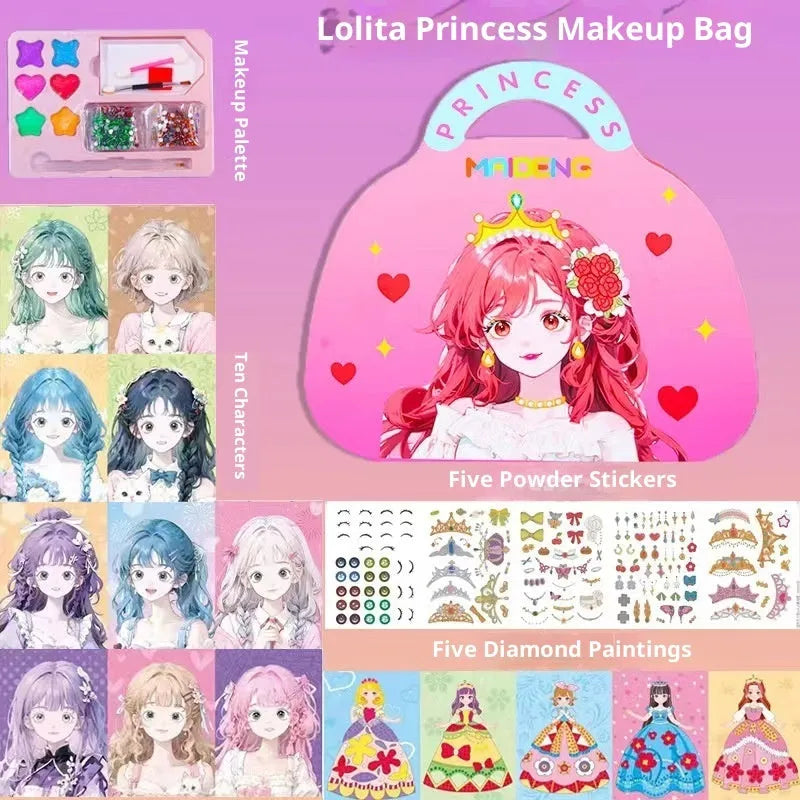 Children's paper princess makeup bag sticker toy with antique princess style, including stickers and mesh bag