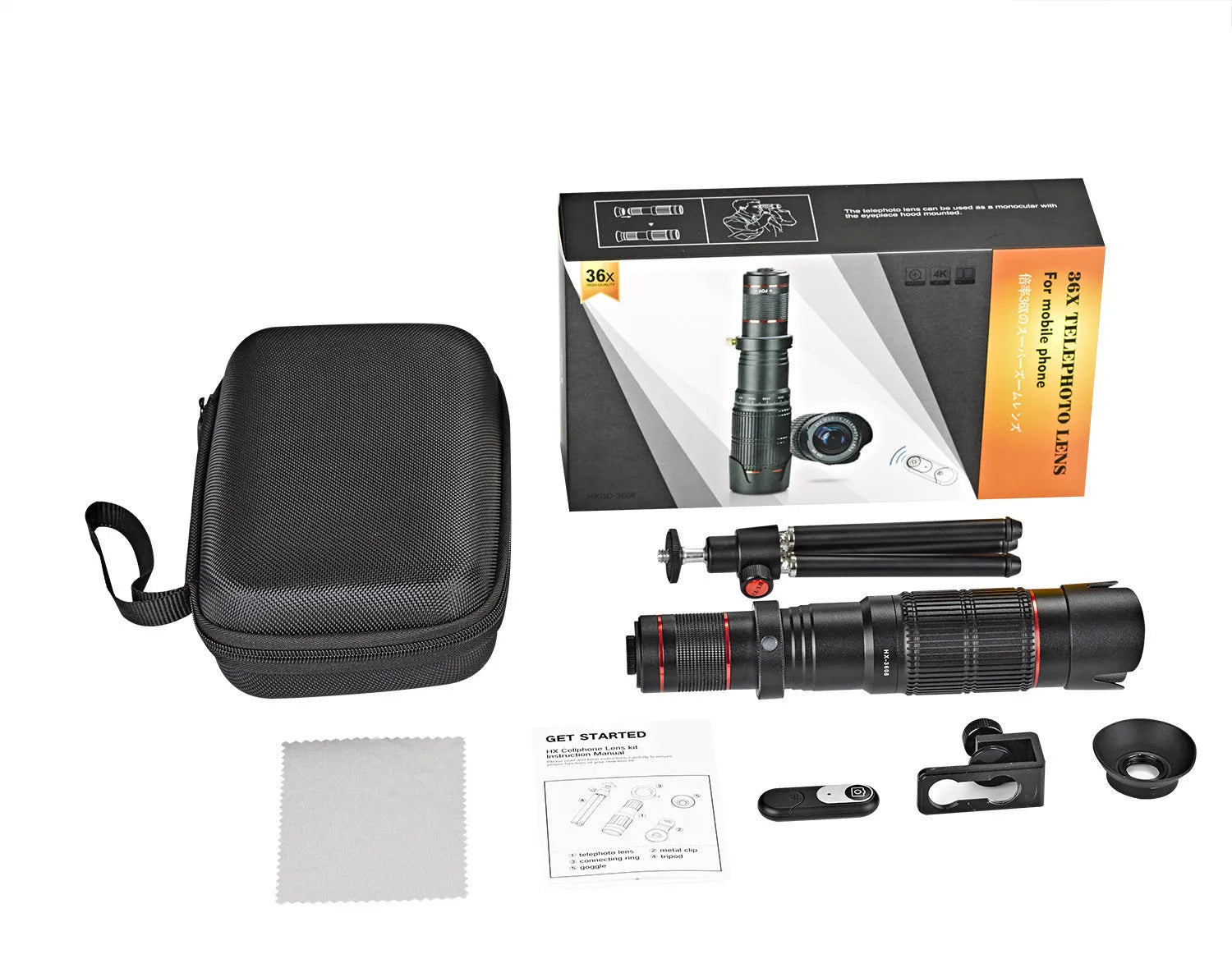 Black 36x telephoto telescope lens for universal smartphone attachment with compact design