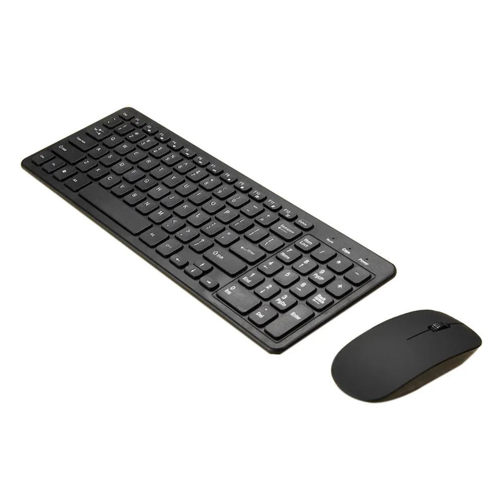 Wireless keyboard and mouse set in black plastic with 96-key keyboard and adjustable DPI mouse