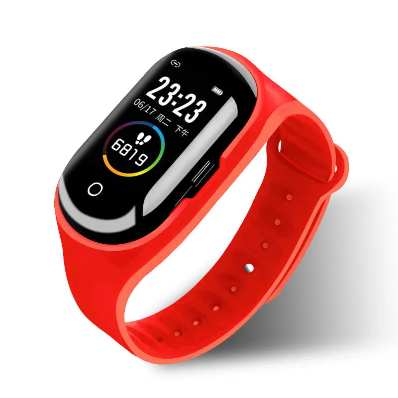 Android smart bracelet with integrated Bluetooth earphones in silicone wristband showing black, blue, and red colour options