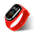 Android smart bracelet with integrated Bluetooth earphones in silicone wristband showing black, blue, and red colour options