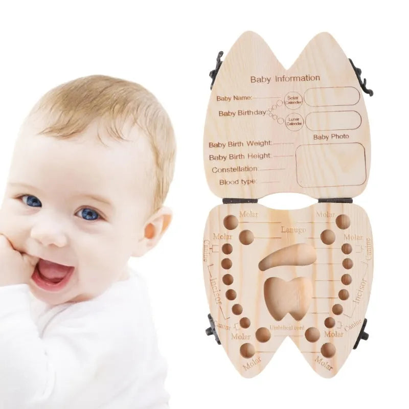 Wooden baby tooth box with carved record table for deciduous teeth storage in natural wood colour