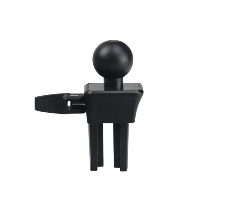 Black plastic mobile phone holder mounted on car air conditioning vent with phone in cradle