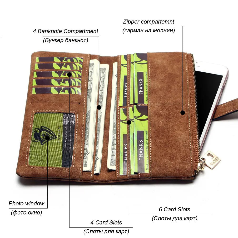 Women's retro matte long wallet open showing card slots and zip coin compartment.