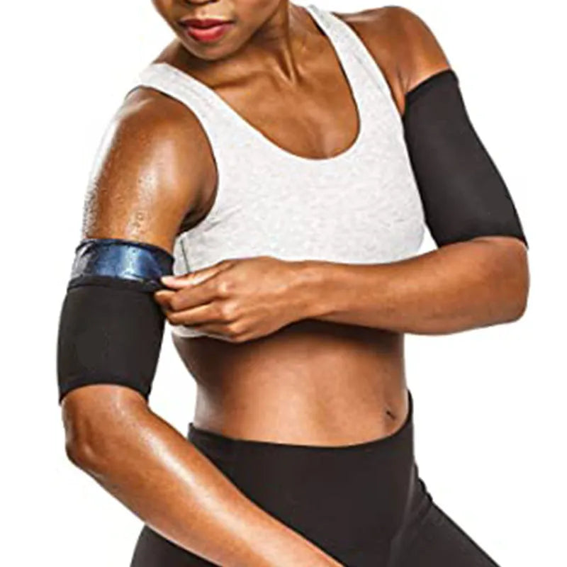 Blue and silver sports arm sweatband shown on an arm, with sizing options available.