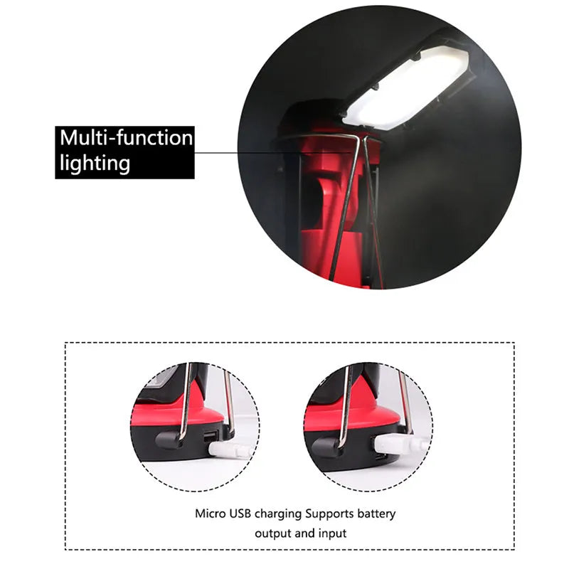 Red LED camping light with 8 lighting modes and built-in 18650 battery, shown in table lamp position