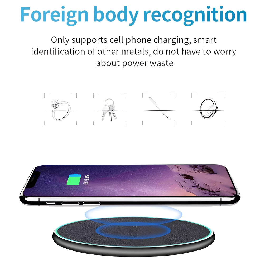 Black Qi wireless charging pad for iPhone 11 with non-slip surface and 10W fast charging