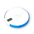 Compact blue 7-compartment alarm clock pill dispenser with digital timer display.