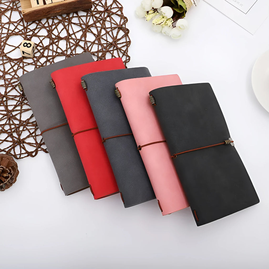 A6 notebook with cowhide rope texture cover showing grey, pink, and red colour options