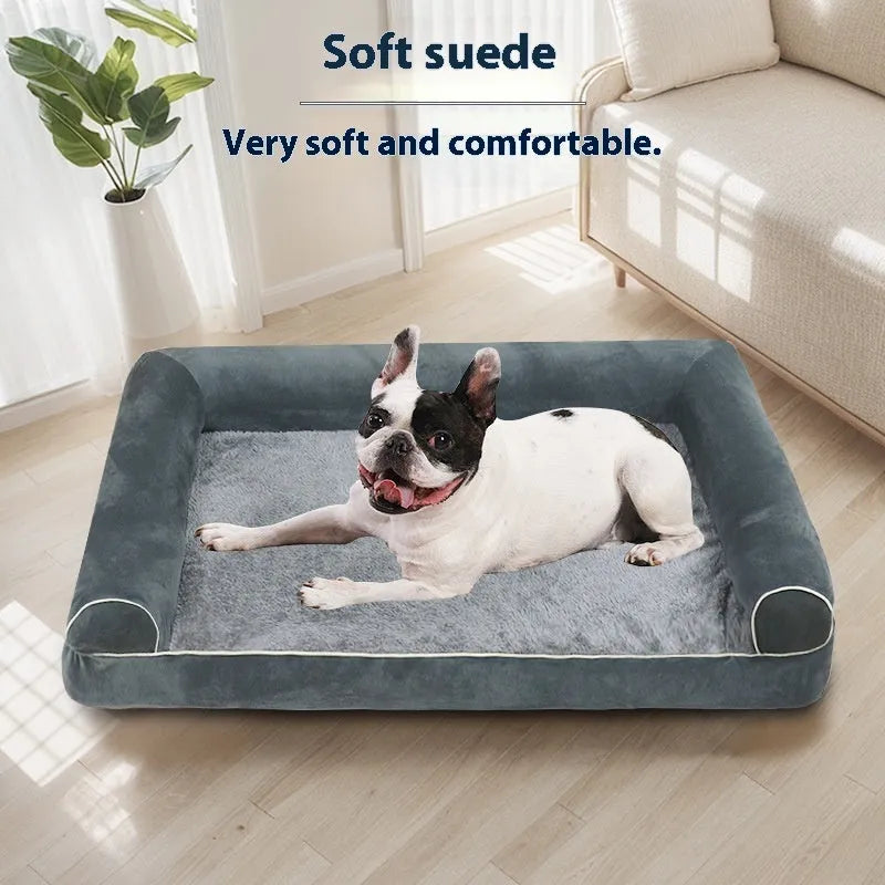 Square pet cooling bed with breathable sponge and blue cloth cover for dogs.